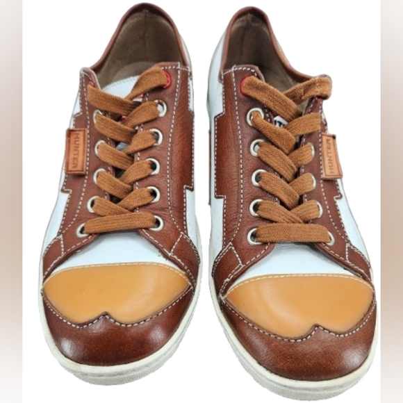 Hunter White Brown Leather Sneakers - Picture 1 of 15